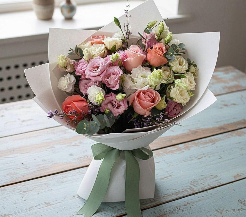 Букет цветов из: Розы, Лизиантусы и Гвоздики в Зюзино